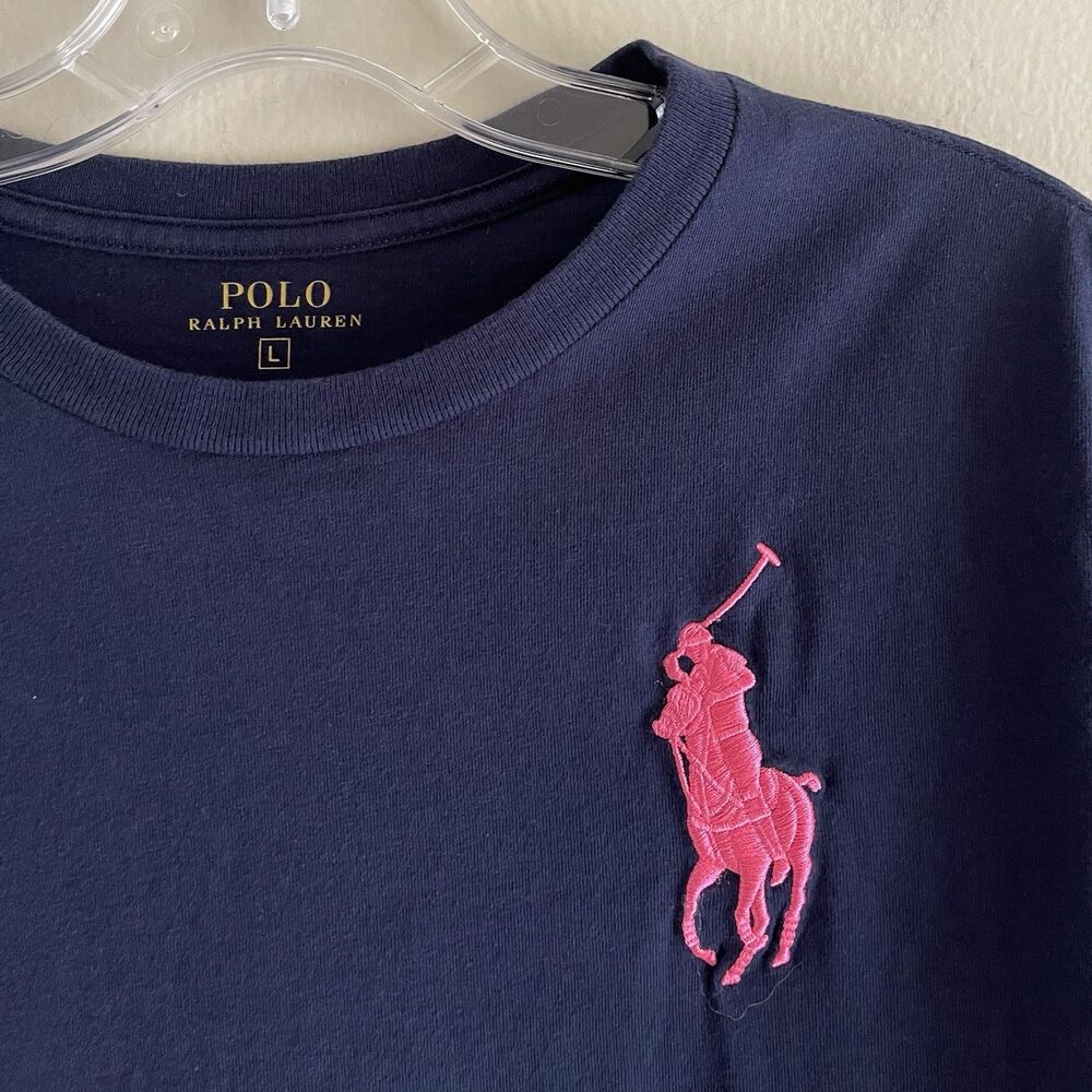 Ralph Lauren Short Sleeve Tshirt Size L Navy Hot Pink Embroidered Logo Crew Neck - Picture 2 of 7